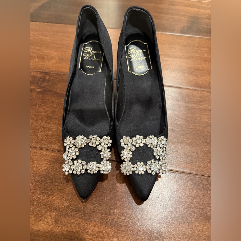 Roger Vivier black satin rhinestone heels